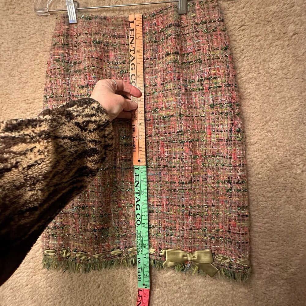 Rickie Freeman Teri Jon Tweed Pencil Skirt Bow Fringe Pink Green‎ Sz 2 - Picture 12 of 13
